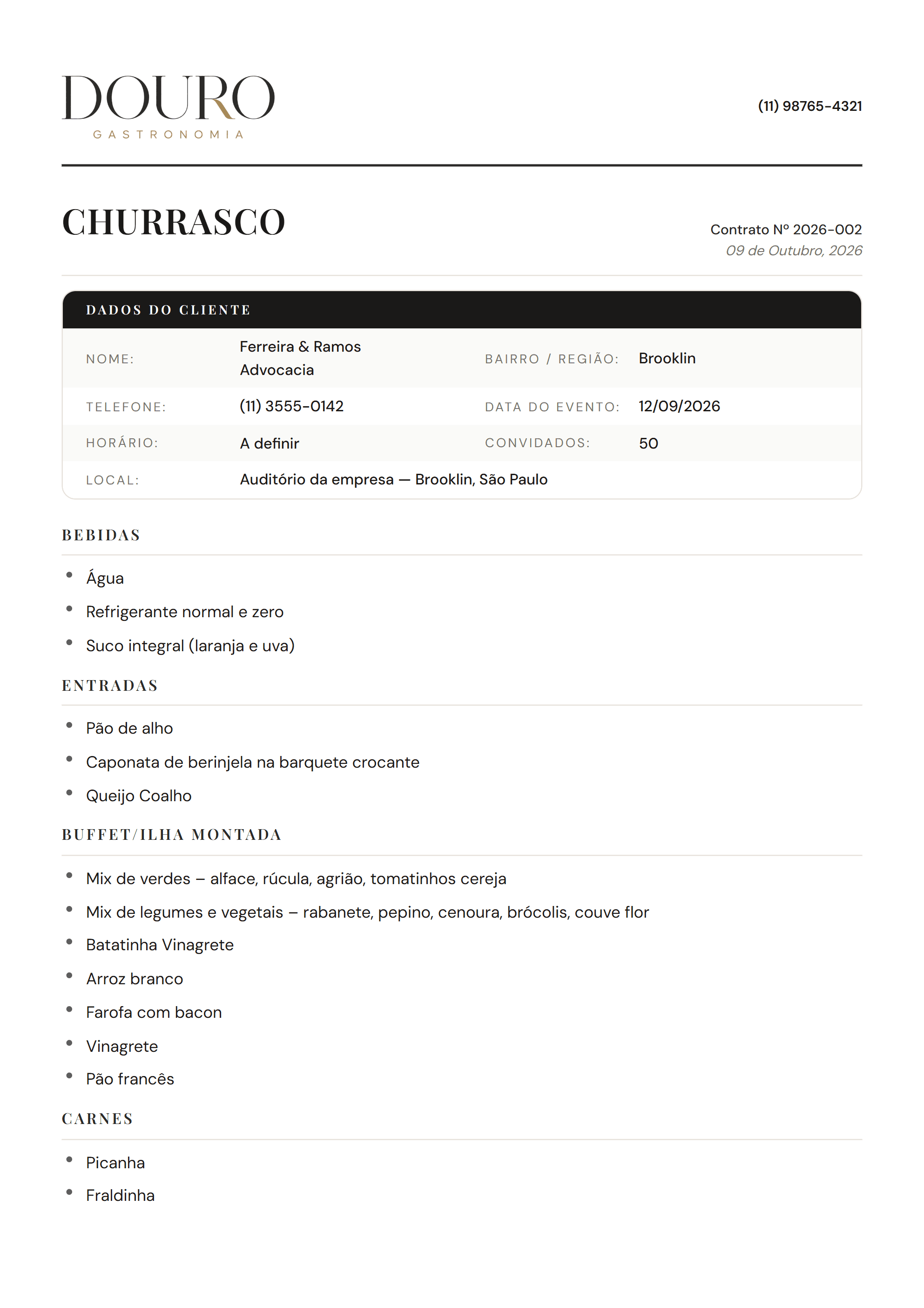 Primeira página de uma proposta gerada pelo sistema: timbre do buffet, dados do cliente e o cardápio escrito por extenso
